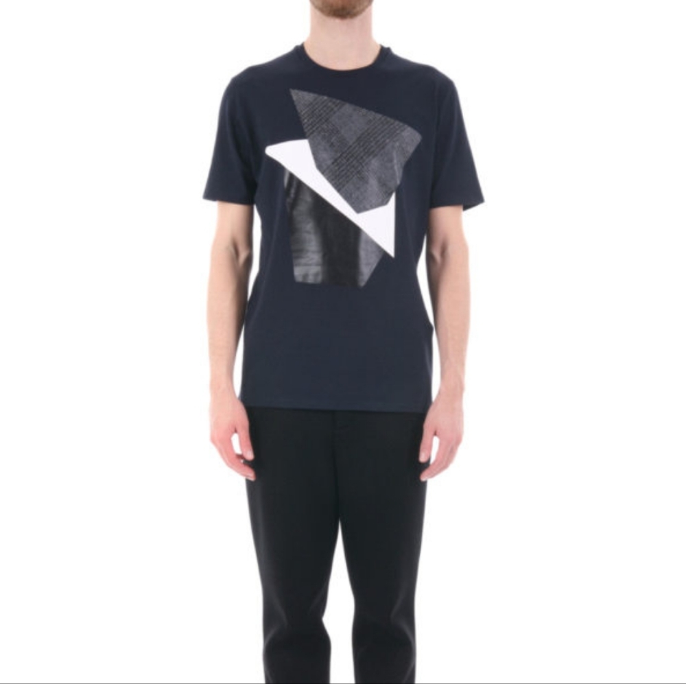 NEIL BARRETT Italy Black Cotton Geometric Regular Length Loose Fit Crew Tee S